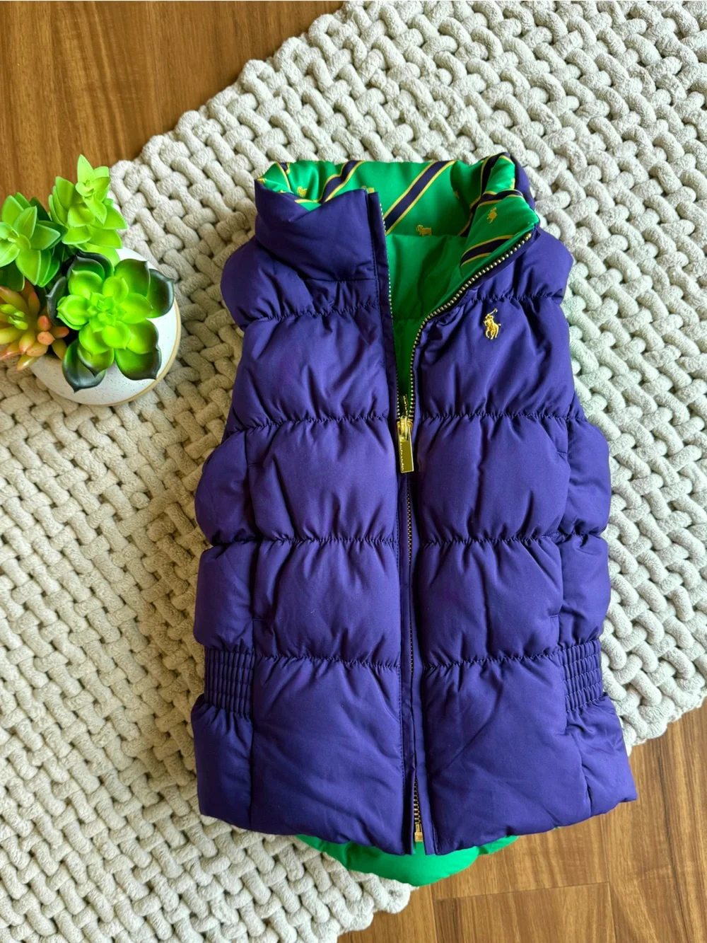 Ralph Lauren | Kids Pony Logo Down Reversible Puffer Vest Green and Purple | 4T
